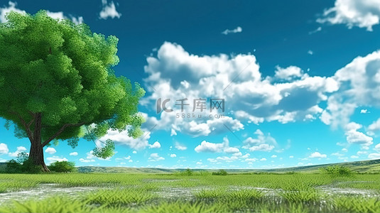 田园诗般的草地，左角有一棵树，反对多云天空的风景秀丽的 3D 全景