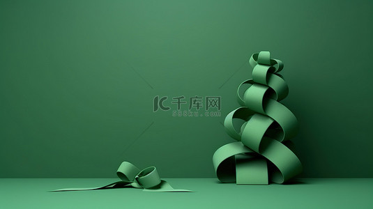 圣诞节绿背景图片_树形绿丝带圣诞装饰品的简约 3D 渲染