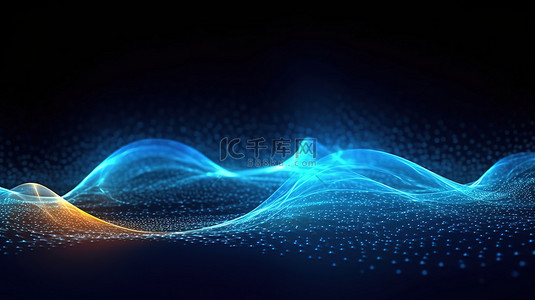 数字粒子背景图片_由数字粒子组成的抽象蓝色波流的 3D 渲染