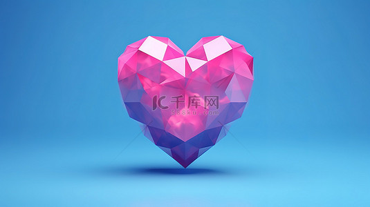 情人节浪漫蓝色背景图片_平面蓝色背景上的简约粉色低聚心 3D 渲染图标，用于 ui ux 设计