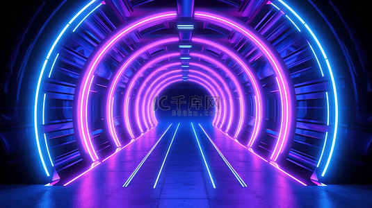 具有激光表演和高科技讲台 3D 渲染的未来霓虹灯隧道
