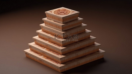 展示盒的 3D 顶视图，上面有一堆棕色披萨盒
