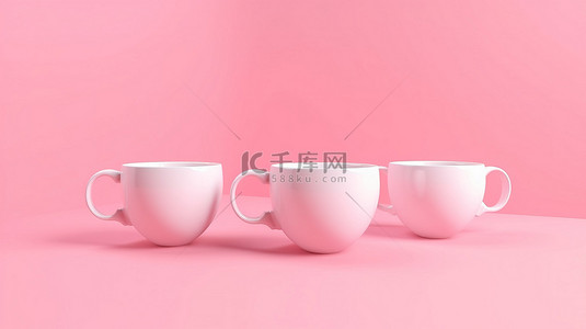 空包纸杯背景图片_带有一组白咖啡杯的粉红色背景的 3D 渲染