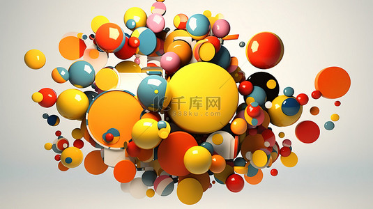 集合色彩背景图片_3D 插图中充满活力的飞行圆圈和彩色球集合
