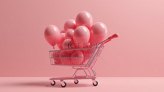 情人节背景图片_粉红色购物车，带有 3D 渲染气球，隔离在柔和的背景上，非常适合简约风格的情人节销售概念