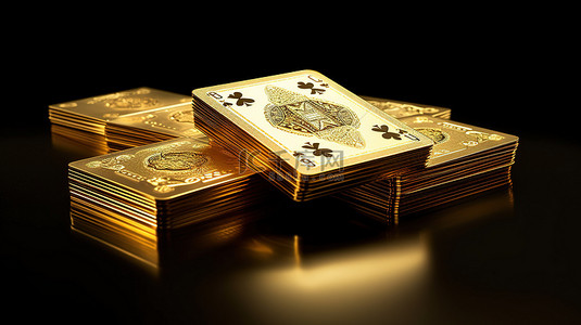 黑色背景上赌场元素金色扑克牌的 3D 渲染插图