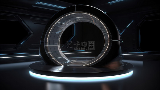 星空未来背景图片_圆形产品展示阶段 3d 渲染未来派宇宙飞船概念
