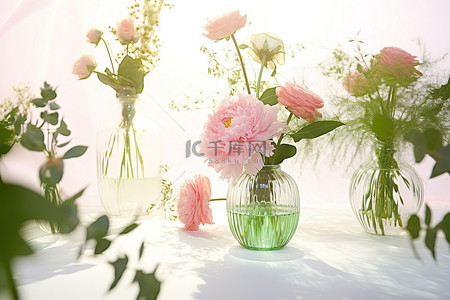 室绿植装饰背景图片_几个花瓶里摆放着各种鲜花和绿植