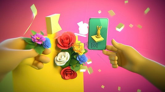 在线商务背景图片_3D 在线协作智能手机握手聊天鲜花和笔记的充满活力的场景