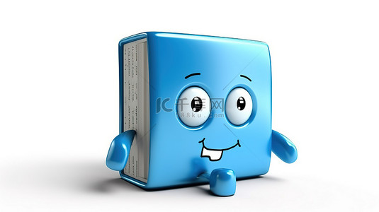 带可充电电池的白色背景蓝书吉祥物的 3D 渲染