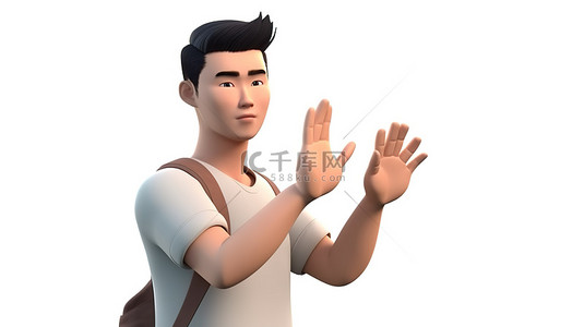 亚洲男性角色的侧手 3D 渲染