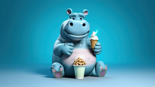 哺乳动物卡通背景图片_有趣的 3d 河马卡通享受冰淇淋