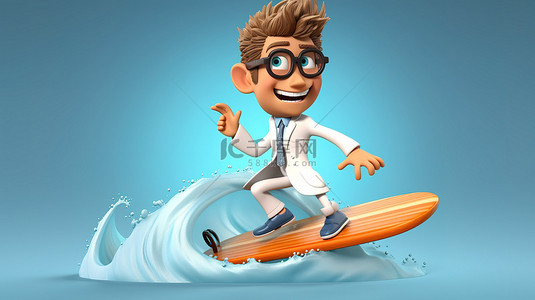 健康管理师背景图片_卡通医生在 3D 海滩乐趣中乘风破浪