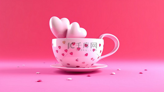 粉红色背景上的杯子和心的衷心设计 3D 渲染是爱的象征