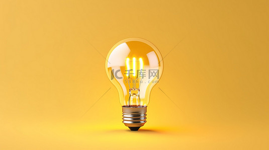 玻璃灯泡和太阳在黄色背景下的最小 3D 渲染代表创意