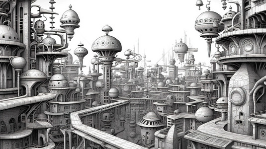 具有铅笔绘画风格和未来派建筑的幻想外星大都市的 3D 插图