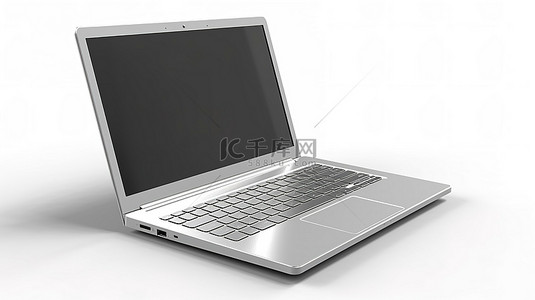现代办公室的时尚金属笔记本电脑在白色背景 3D 渲染上使用空白屏幕