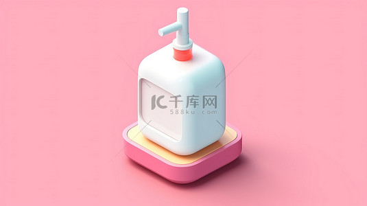 3D 等距皂液器中的扁平白色和粉色家用物品