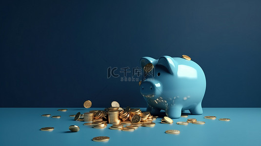 财务规划 蓝色墙上的存钱罐和金币的 3D 渲染，鼓励存钱的习惯