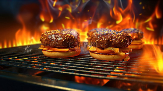 烤美味背景图片_3d 渲染的火焰在烤架上滋滋作响的汉堡包