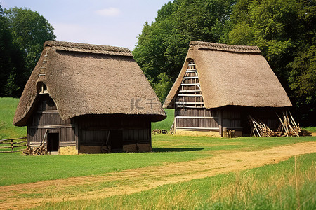 田野里有两三个茅草屋顶的谷仓