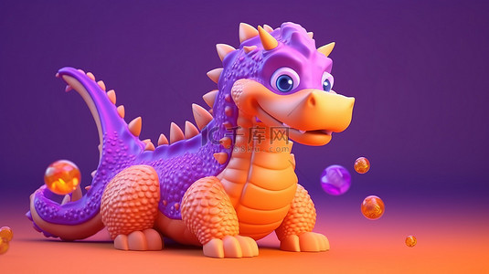 儿童游乐场紫色背景中橙色龙玩具的 3D 渲染