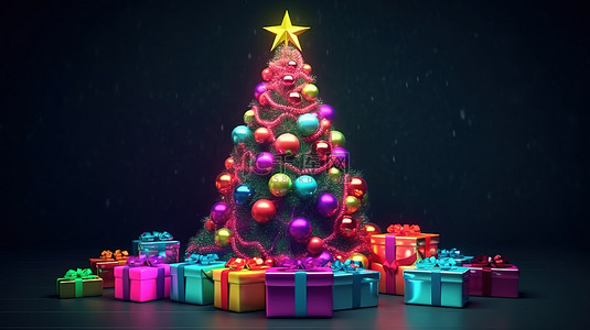 令人惊叹的圣诞树，配有充满活力的装饰品闪闪发光的灯光和 3D 渲染的礼品盒
