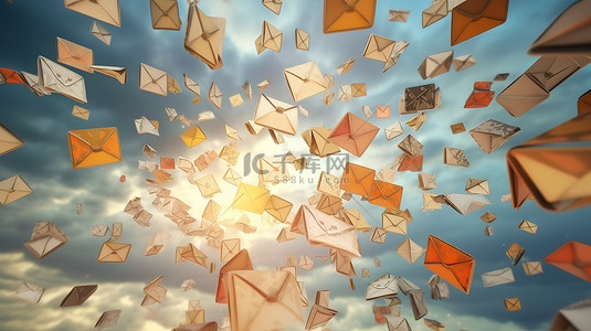 春节明信片背景图片_快速交付电子邮件飞信封用于群发邮件或垃圾邮件 3D 渲染插图