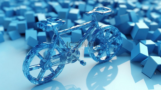 蓝色几何城市背景图片_3D 渲染中蓝色自行车周围的几何形状