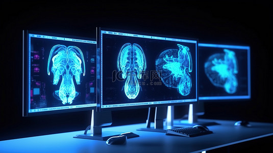 Mri 实验室在计算机显示器上显示大脑 X 射线的 3D 渲染