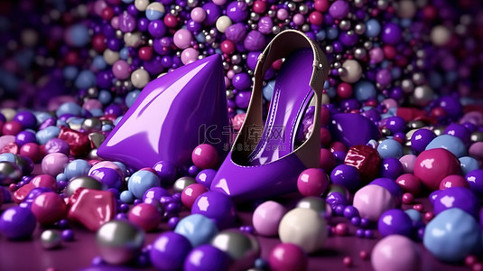 彩色球围绕化妆品和高跟鞋，从紫色 3D 渲染的袋子中溢出
