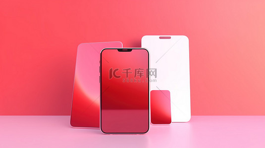设计红色背景背景图片_简约的 3D 智能手机渲染在柔和的粉红色红色背景上，用于现代应用程序和图形显示