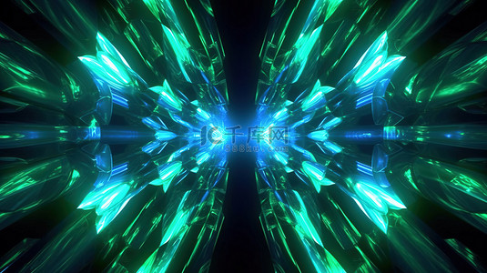 抽象水晶隧道在万花筒般的 3D 插图中被充满活力的绿色和蓝色灯照亮
