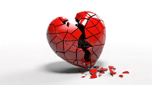 3d 红心的心碎在白色背景上破碎，没有爱情符号