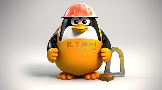 带工具 3d 渲染的肥胖企鹅劳动者