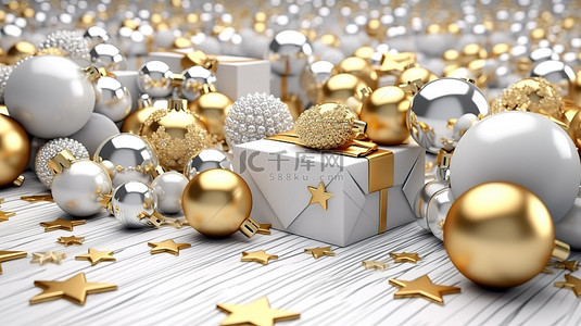 设计。圣诞树背景图片_金色和白色 3D 圣诞节和新年渲染，配有星星礼品盒装饰品和圣诞球