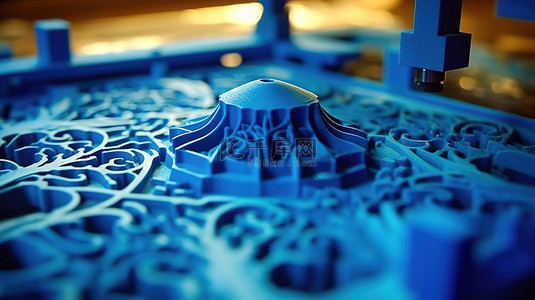 3D 打印机平台捕获新打印的蓝色塑料细节