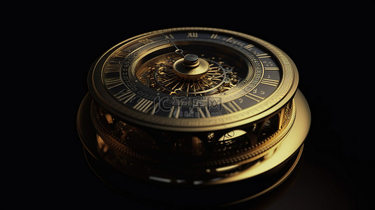 手表样机背景图片_在孤立的黑色背景上关闭古董金色圆形时钟的 3D 插图，带有秒表图标徽标和老式计时器