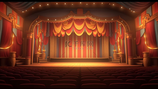 用于马戏团和站立表演的舞台模板与剧院窗帘的 3D 渲染