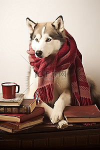 冬天帽子围巾背景图片_一只戴着围巾看书的哈士奇狗