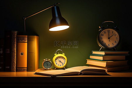 柜台顶上有一盏灯，旁边挂着书籍和闹钟