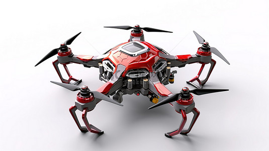 科技横轴背景图片_具有红色和灰色颜色的六轴飞行器在 3D 渲染中独立于白色背景