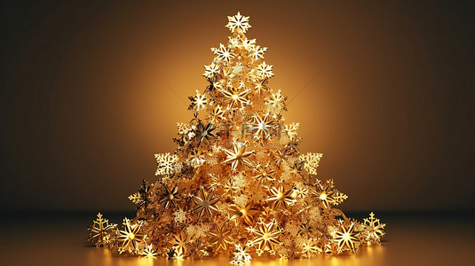 壁纸雪花背景图片_金色纸雪花圣诞树的 3d 插图
