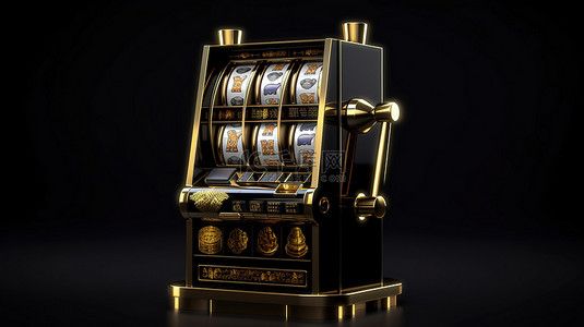深色背景上的金色老虎机 3D 渲染赌场插图
