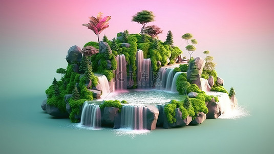 皇冠海豚背景图片_岛屿树景粉红色的皇冠仙境，郁郁葱葱的绿色植物和雄伟的瀑布3D 渲染