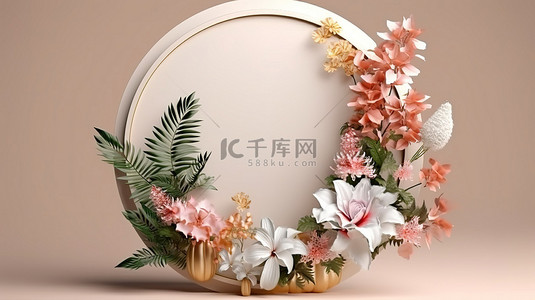 3D 渲染花卉椭圆形框架，在贺卡或邀请卡上展示植物和花卉