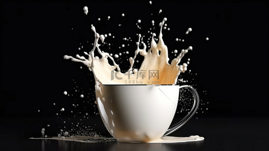 深色背景下牛奶从杯子里溅出的 3D 渲染