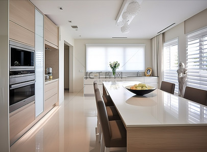 冰箱电器背景图片_干净的厨房，配有椅子和白色台面