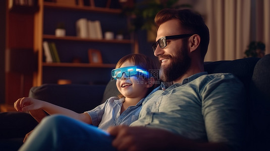 一位快乐的留着胡子的爸爸通过电视和 3D 眼镜与儿子建立联系