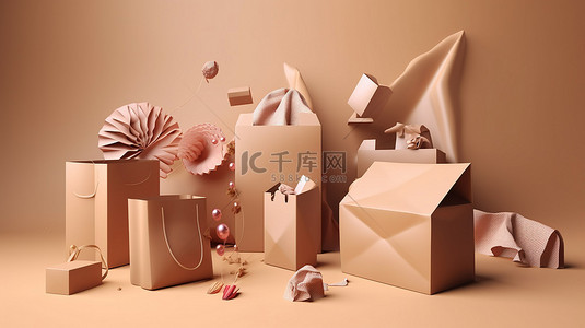 物品移动背景图片_带礼品袋礼盒和广告横幅购物物品的未包装盒的 3d 渲染